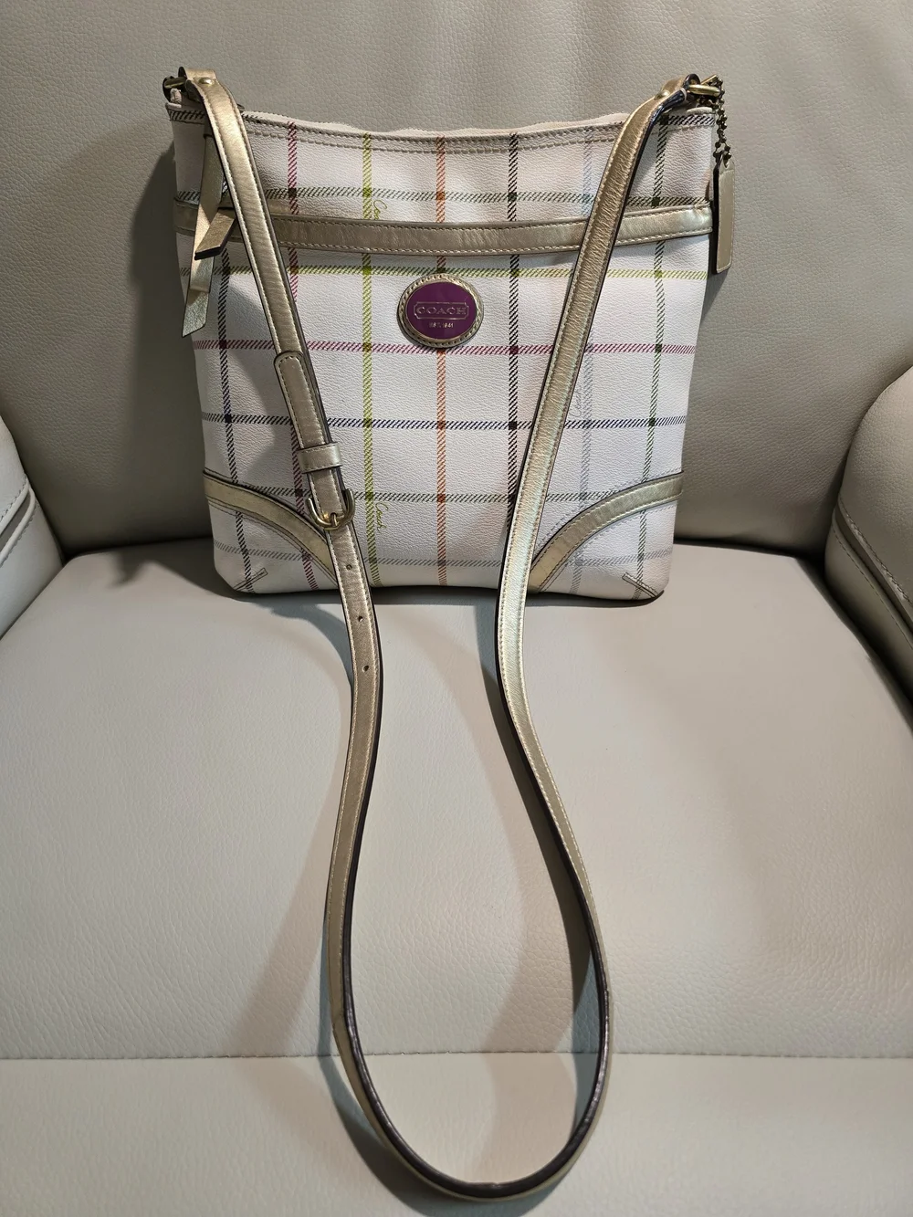 Coach EUC Tattersall White Multicolored Plaid Crossbody Bag with Gold Strap 11.5